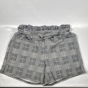 Rae Republic Women's Paperbag High Rise Plaid Tie Waist Elastic Shorts Gray S